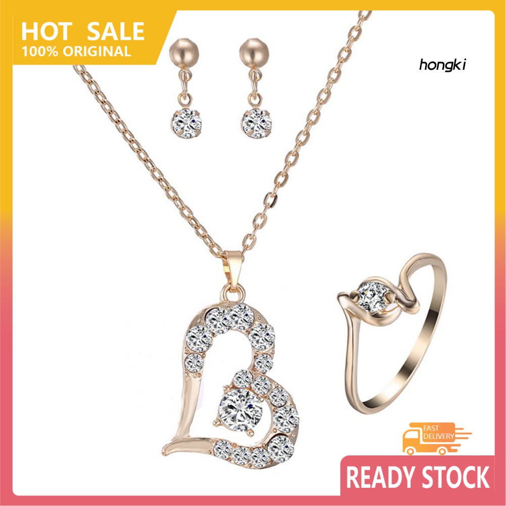 (Hàng Mới Về) Bộ Trang Sức Mặt Trái Tim Đính Đá Nhân Tạo Thời Trang