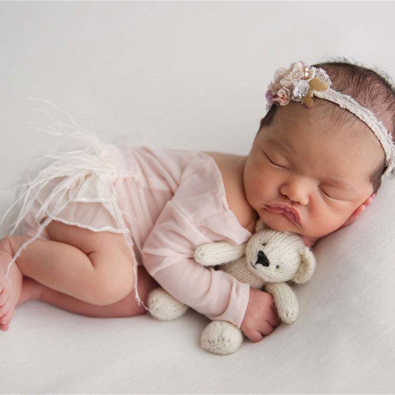 Bộ Áo Liền Quần Phối Ren Hoa + Băng Đô Xinh Xắn Cho Bé Sơ Sinh Chụp Ảnh