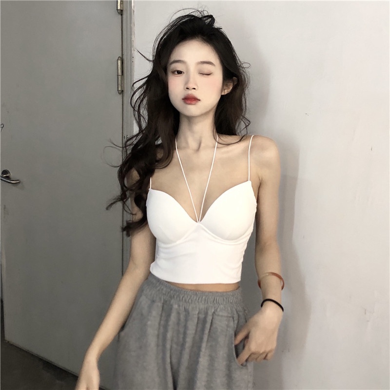 Áo croptop Xiaozhainv hai dây màu trơn có đệm ngực thời trang mùa hè quyến rũ cho nữ