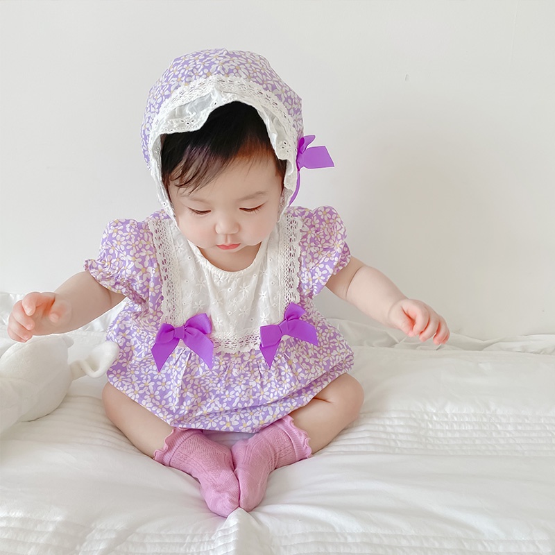 Bộ Áo Liền Quần Công Chúa Phối Ren Hoa Kèm Nón Thời Trang Mùa Hè Cho Bé Gái Sơ Sinh
