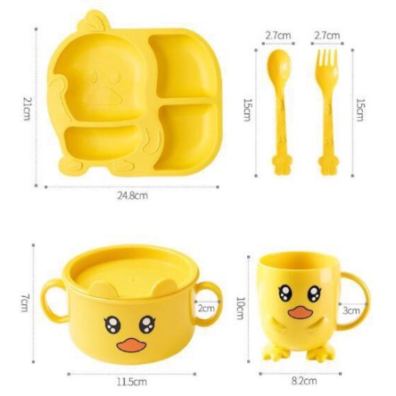 Set khay ăn dặm, cốc, bát hình vịt vàng chất liệu lúa mạch cho bé