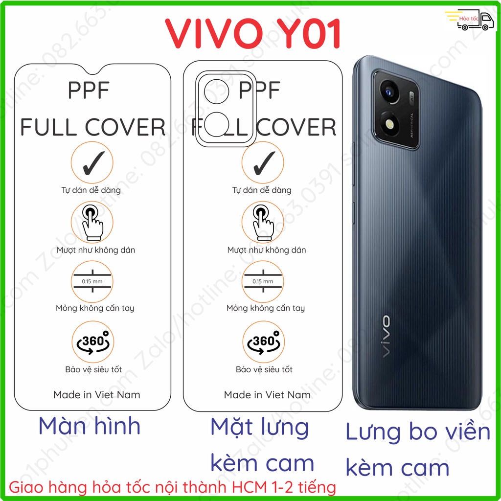Dán PPF Vivo Y16 / Y02S / Y01 loại trong, nhám dành cho màn hình, mặt lưng, full viền