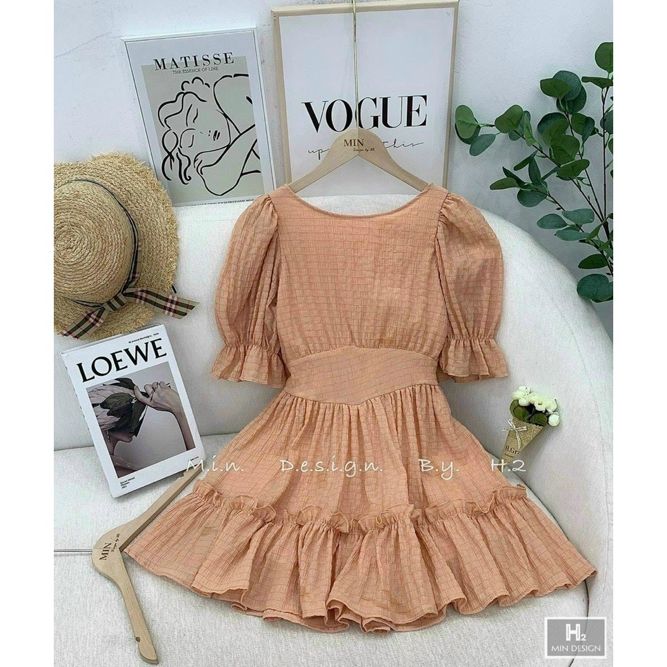 Đầm tay phồng mooking ba màu nâu đen xanh có mút có lót