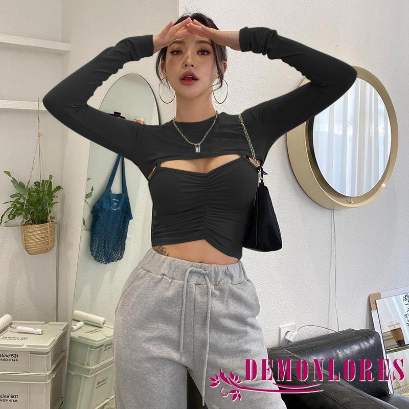 Set áo thun tay dài cổ tròn màu trơn phối áo khoác ngoài không tay thời trang cho nữ