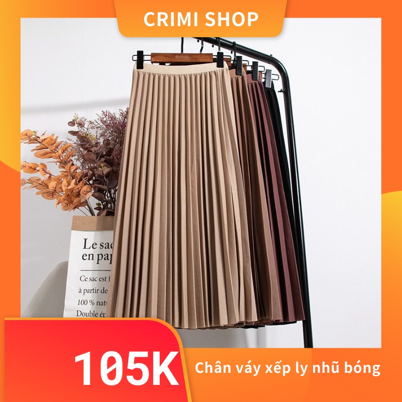 Chân váy xếp ly cạp chun dáng dài nhũ bóng