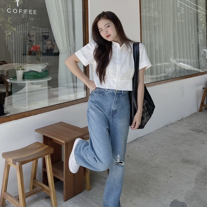 Áo sơ mi thô croptop trắng tay phồng (ảnh thật)