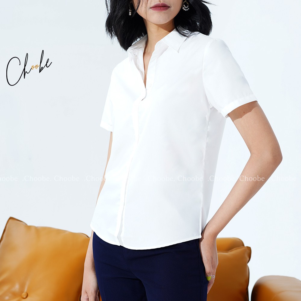 Áo sơ mi nữ Choobe tay ngắn form suông màu trắng xanh sơmi cộc thời trang công sở A02