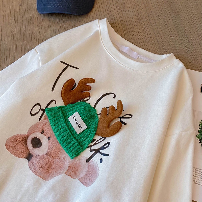 Áo Thun Tay Dài Cổ Tròn Dáng Rộng In Họa Tiết Hoạt Hình Dễ Thương Cho Nữ