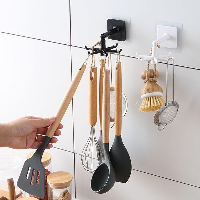 Móc treo dán tường có 6 nhánh xoay 360° - giá treo đồ nhà bếp móc chìa khóa decor trang trí nhà cừa