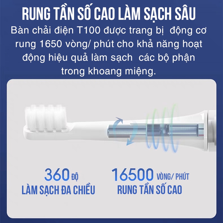 Bàn chải điện Xiaomi Mijia T100 (pin sạc) va Bộ 3 Đầu bàn chải T100 - kháng nước ipx7 - Bàn Chải Đánh Răng Mijia T100