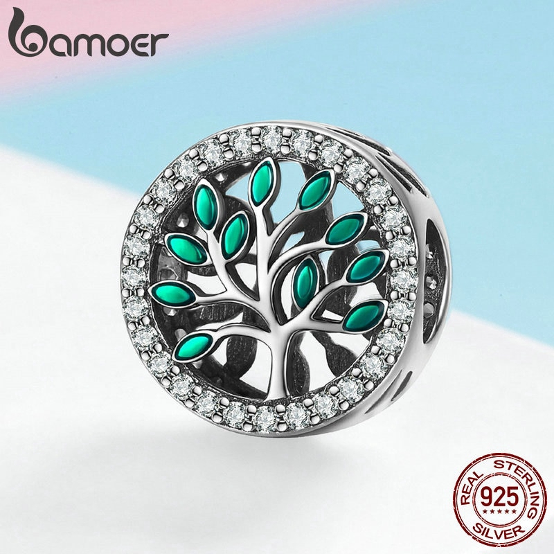 Hạt phụ kiện Bamoer SCC1095 bạc 925 kiểu cây sinh mệnh đính hạt đá CZ làm trang sức thủ công