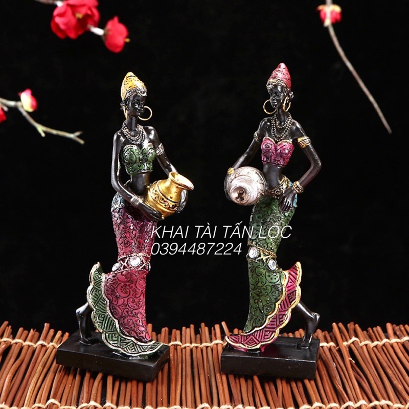 Bộ 2 tượng cô gái Châu Phi cầm bình nước trang trí cao 17cm