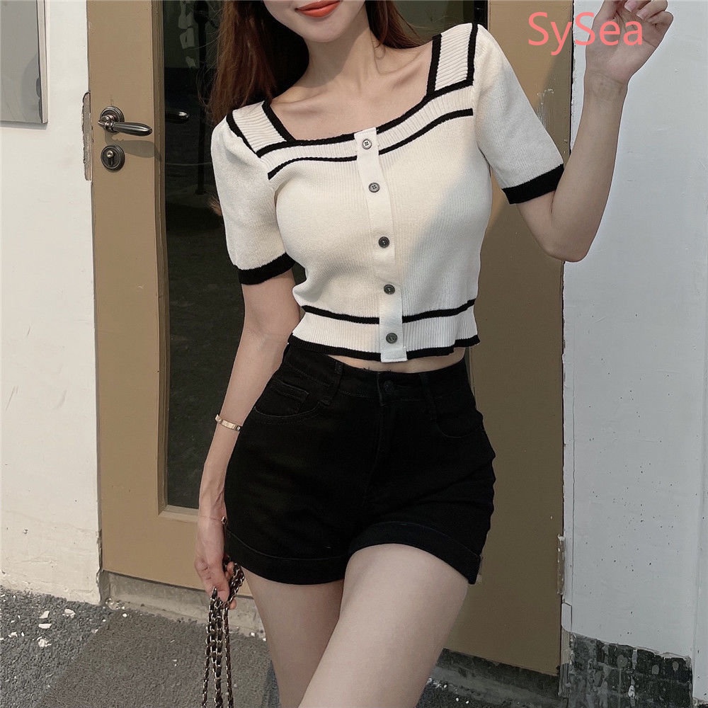 Áo Dệt Kim Cổ Vuông Thời Trang Mùa Hè Pháp Cho Nữ