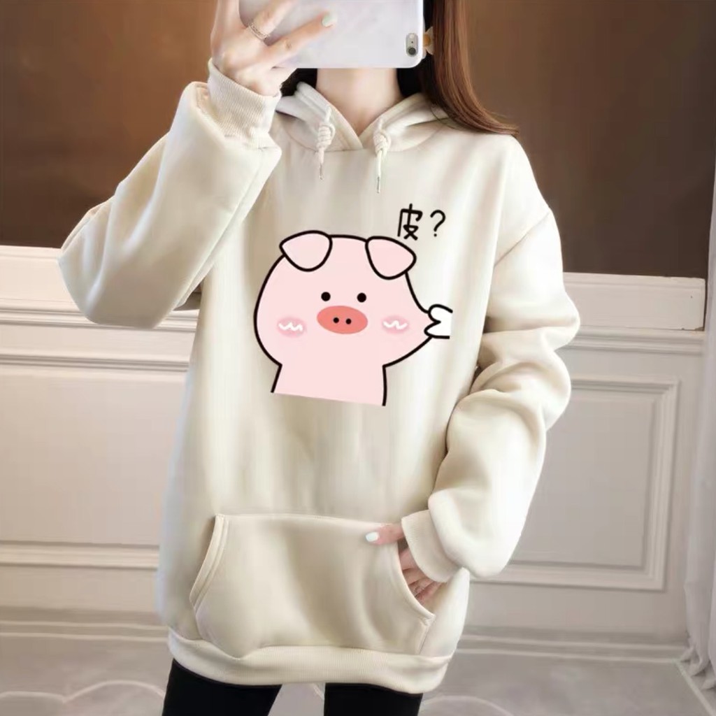 Áo hoodie chất nỉ dày dặn freesize nam nữ hình heo hồng cute dễ thương