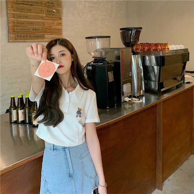 ÁO CROPTOP NỮ CỔ POLO PHỐI CON GẤU MÀU ĐEN MÀU TRẮNG SIÊU MÁT MẺ CỰC PHONG CÁCH BABO HOT HIT THỜI TRANG