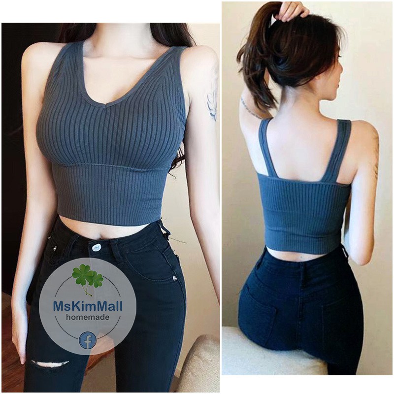 Áo croptop gân tăm bo eo bản to dáng dài - Áo bra dáng dài