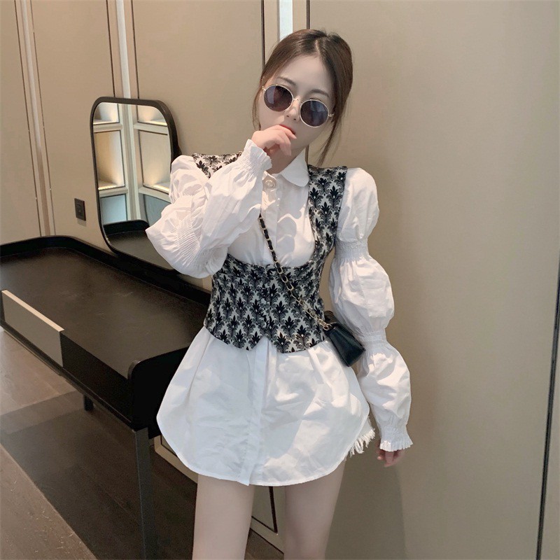 Bộ Áo Sơ Mi Trắng Tay Dài Phồng Màu Trơn + Áo Khoác Hoa Xẻ Tà Thời Trang