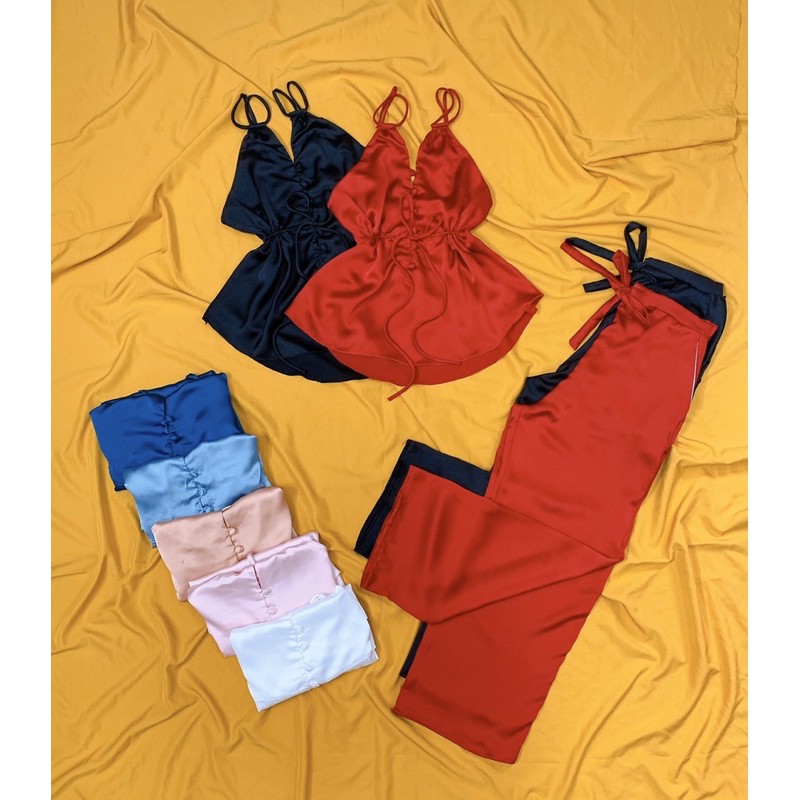 Đồ Ngủ Nữ Sexy Hai Dây Hở Lưng Quần Dài Chất Satin Mềm Mịn Freesize - Linqu Sleepwear