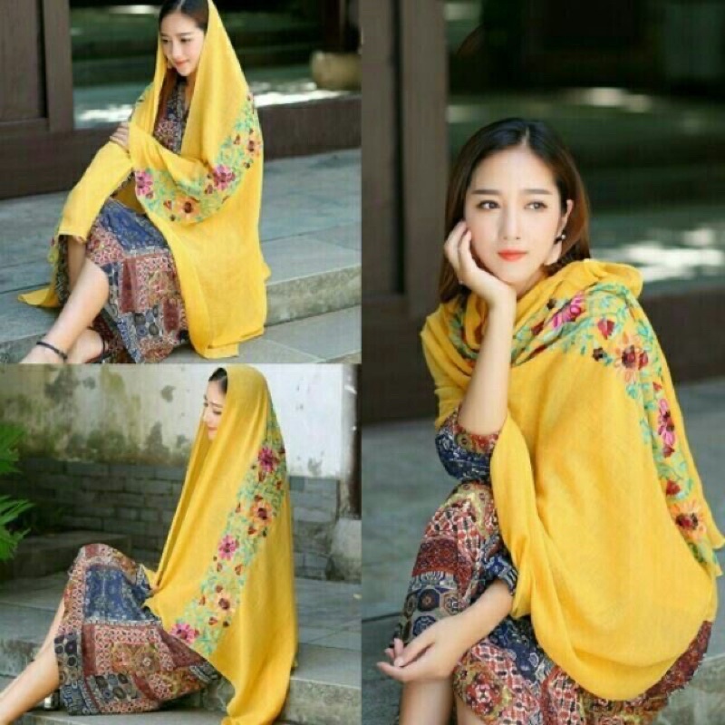 Khăn quàng/khăn chuàng cổ nữ dài thời trang mã MICY058 chất cotton đũi thêu hoa nổi hoạ tiết trẻ trung 90*180cm