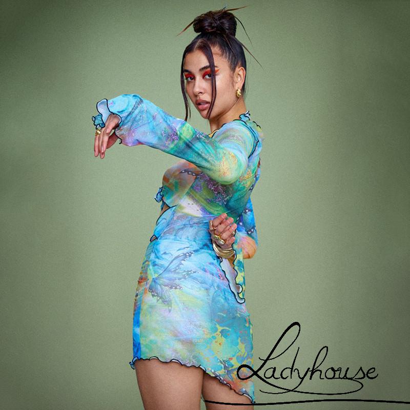 Váy body Tay Dài Cổ Chữ V Khoét Sâu In Họa Tiết Bướm Quyến Rũ Cho Nữ