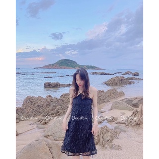 Đầm cổ yếm lông vũ