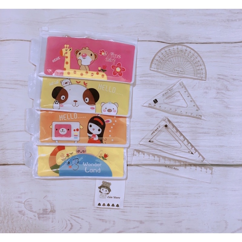 -  Hộp compa kèm thước kẻ eke thước thẳng tẩy gôm ngòi