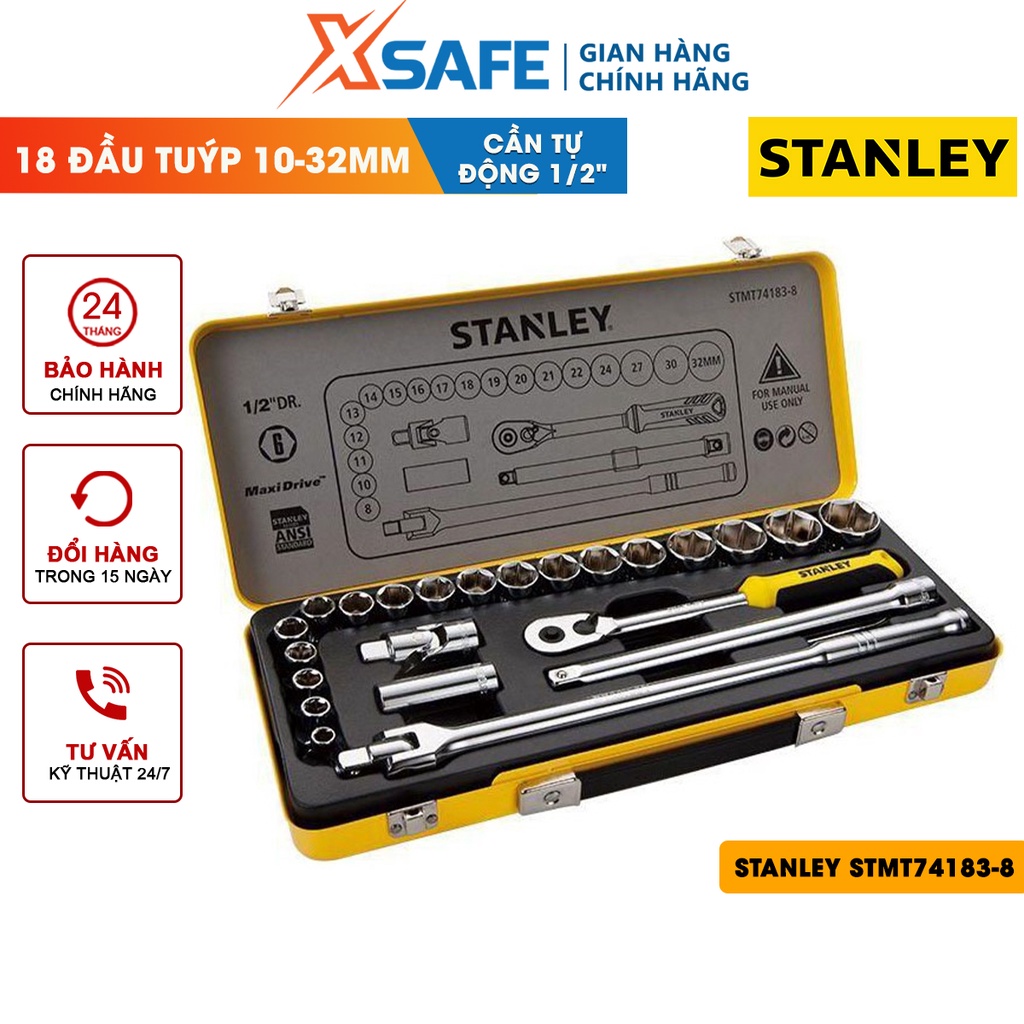 Đầu tuýp bộ 1/2 INCH 24 chi tiết STANLEY STMT74183-8 thép CR-V cao cấp Bộ 24 đầu tiếp gia công tỉ mỉ, độ bền cao