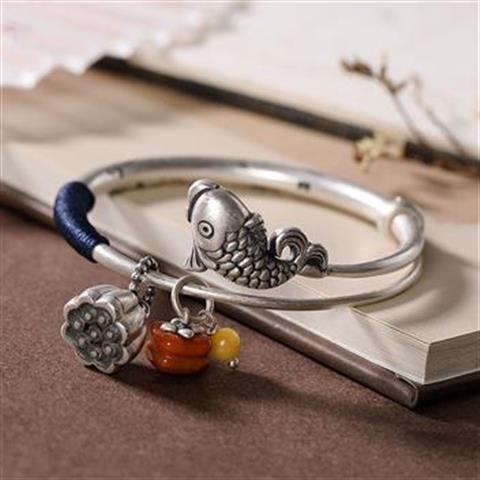 Love❤jewellery,S999 Silver Retro Lotus Carp Bracelet