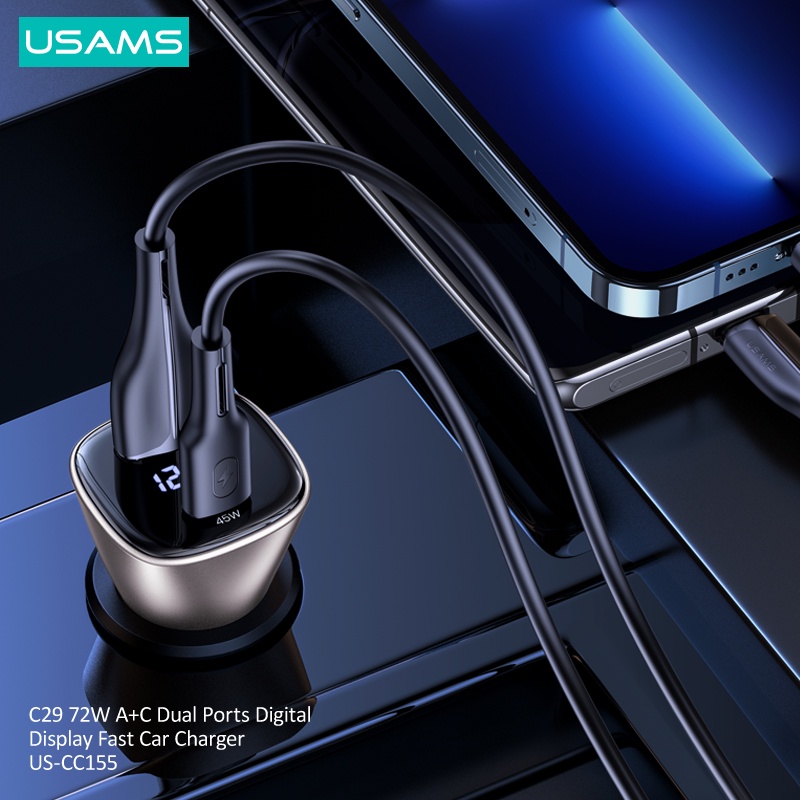 Usams Thiết Bị Sạc Nhanh Điện Thoại / Máy Tính Bảng 72W 45W PD QC 3.0 AFC FCP Màn Hình Kỹ Thuật Số Cho Xe