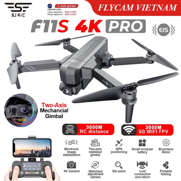 Flycam SJRC F11s 4K Pro 2021 mới nhất Gimbal 2 trục EIS Tầm xa 3Km Camera thumbnail