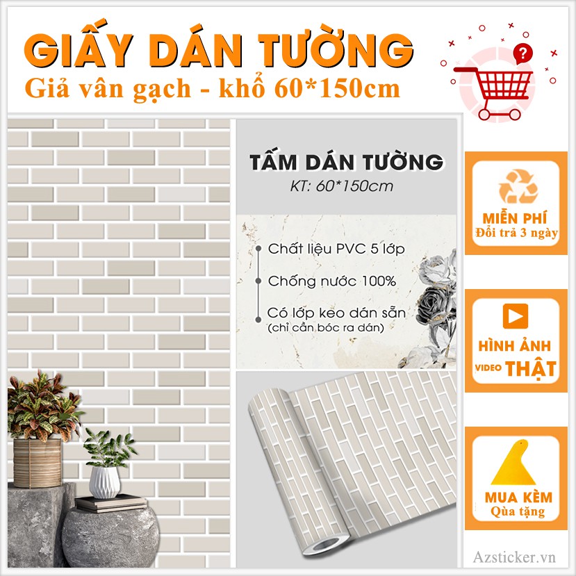 Giấy Dán Tường Chống Bẩn Trang Trí Phòng | Decal Dán Tường Giả Vân Gạch Màu Kem ( M2)