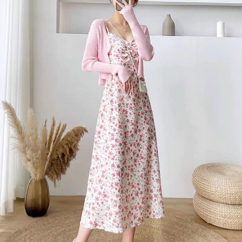 Set váy midi, đầm midi 2 dây hoa nhí nhíu ngực kèm áo khoác hồng