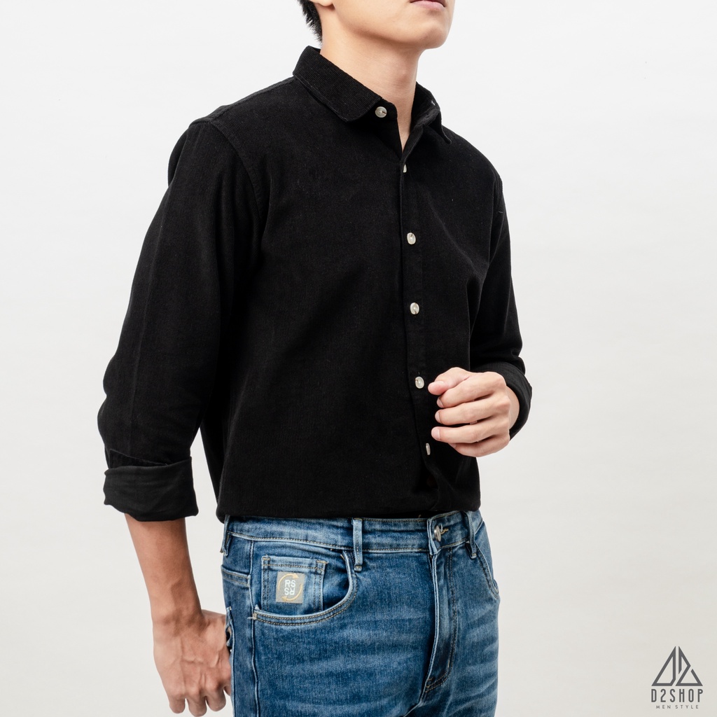 Áo sơ mi nam D2shop, áo sơ mi nam dài tay, vải nhung, trơn, màu rêu