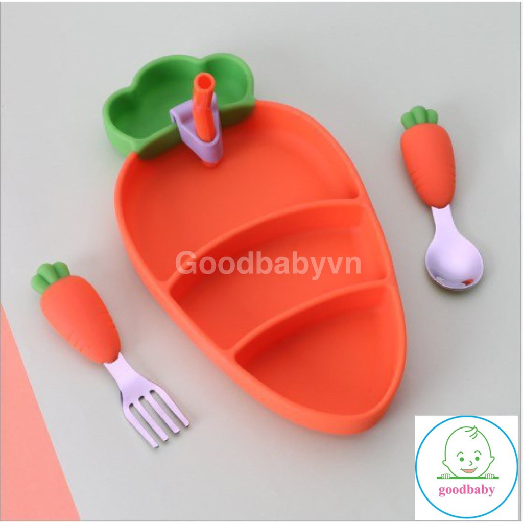 Khay ăn dặm 3 ngăn silicon kèm thìa dĩa inox tập xúc cho bé hình cà rốt Goodbabyvn