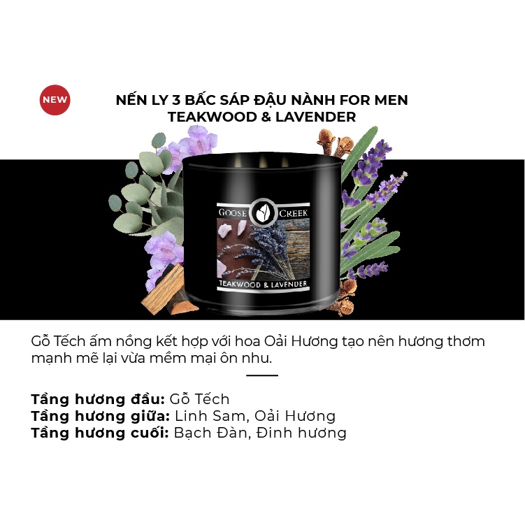 Nến Ly 3 Bấc Sáp Đậu Nành Goose Creek For Men 14.5oz - 411g - Teakwood & Lavender