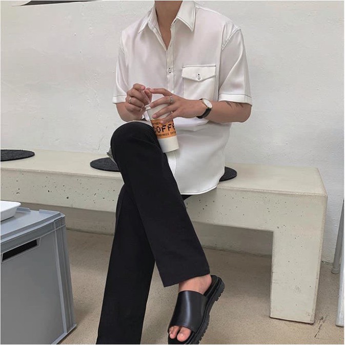 Áo sơ mi tay ngắn trắng đen viền chỉ unisex nam nữ form rộng vải lụa túi hộp cao cấp năm 2020 Peoeny.boutique