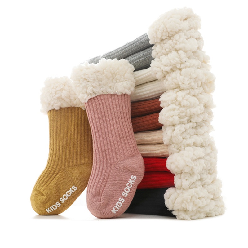 Vớ Cotton Len Lông Cừu Dày Dặn Chống Trượt Màu Sắc Đơn Giản Dành Cho Bé