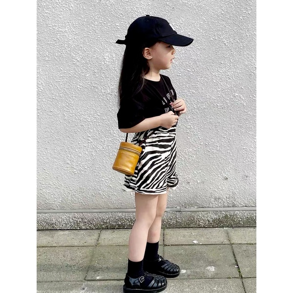 Set Áo Thun Ngắn Tay In Chữ Và Quần Short Họa Tiết Ngựa Vằn Phong Cách Hàn Quốc Cho Bé Gái