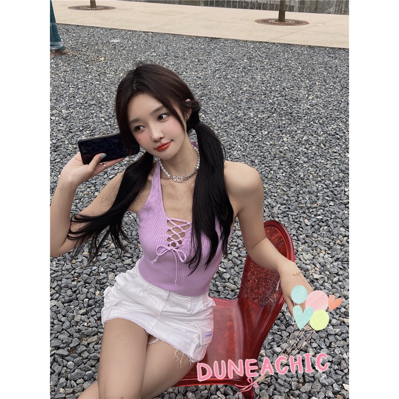 DUNEA Áo Tank Top Dệt Kim Cổ Chữ V Hở Lưng Màu Trơn Quyến Rũ
