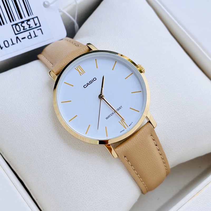 Đồng hồ Nữ Casio LTP-VT01GL-7B, đồng hồ chính hãng, dây da be mặt trắng, viền vàng