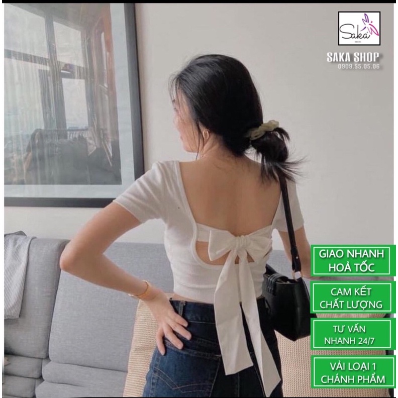 Áo thun nữ croptop tay ngắn buộc dây lưng 2 màu trắng đen