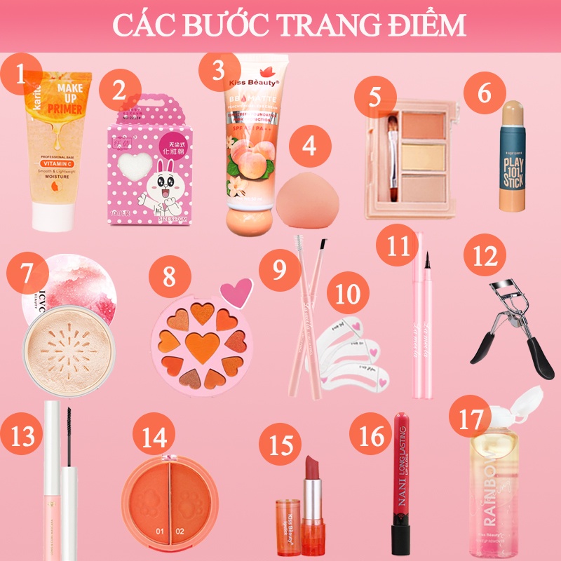 15 pcs Bộ mỹ phẩm trang điểm hoàn chỉnh set người mới bắt đầu không thấm nước viên trang điểm nhẹ tự nhiên (PS-15JT-A01)