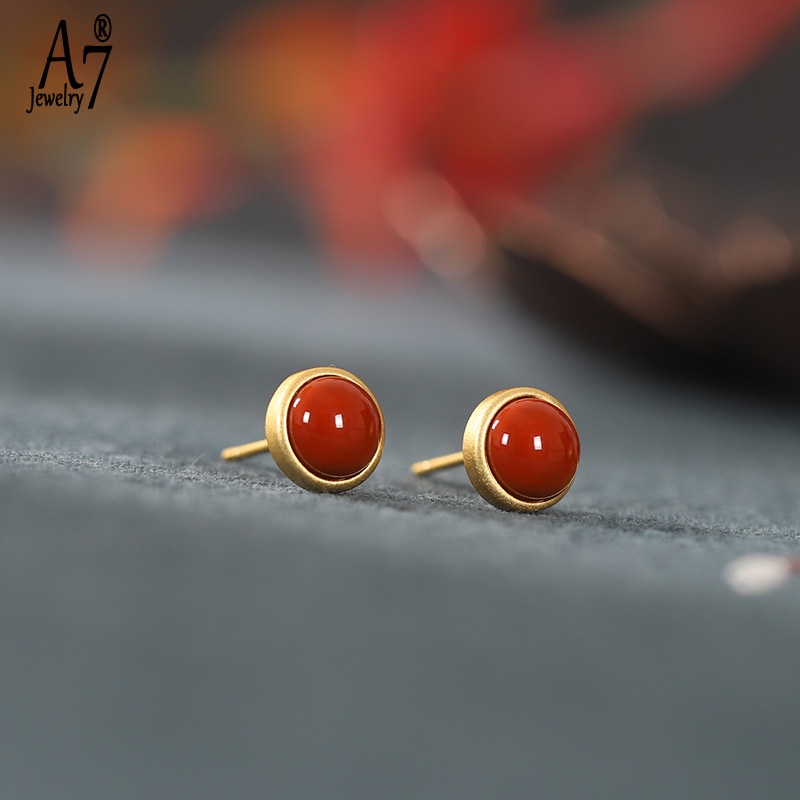 Bông Tai Mạ Bạc 925 Hình Quả Trứng Khảm Đá Mã Não Đỏ A7