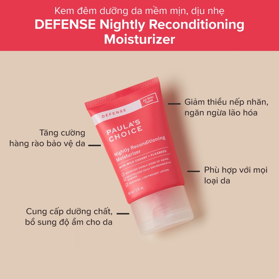 Dưỡng Ẩm Ban Đêm Khôi Phục Vẻ Tươi Trẻ Cho Làn Da Paula's Choice Defense Nightly Reconditioning Moisturizer 60ml