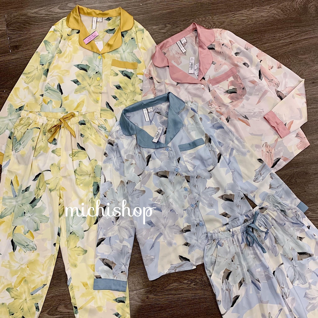 Set pyjama lụa dài tay hoa-83A06