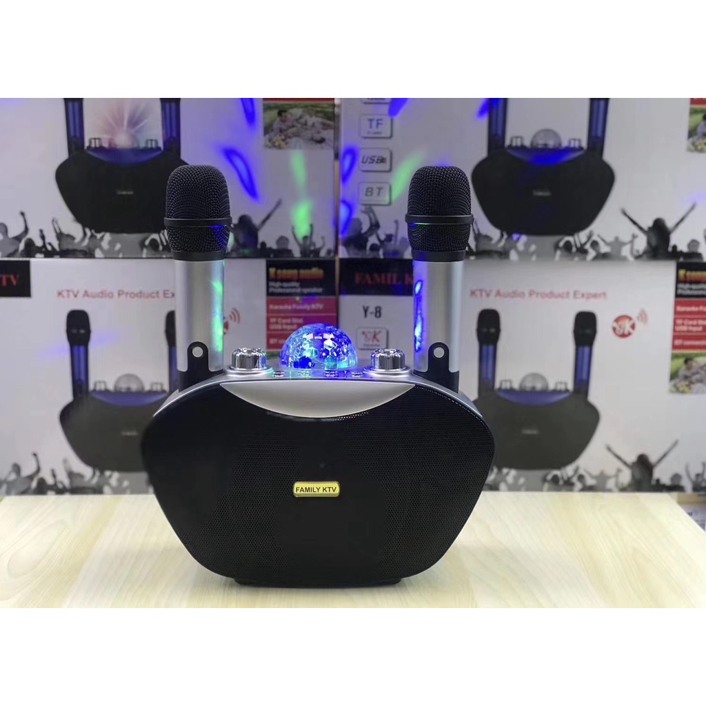 Loa karaoke bluetooth, loa hát karaoke gia đình Y8 tặng kèm 2 mic không dây có đèn led cực sang có nút vỗ tay