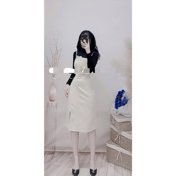 Set Váy Yếm Kèm Áo Thun Dài Tay/ Bộ Sườn Xám 2 Dây Kaki Phối Áo Thun Dài Tay / Size S/M / Cáo Hồng Shop | BigBuy360 - bigbuy360.vn