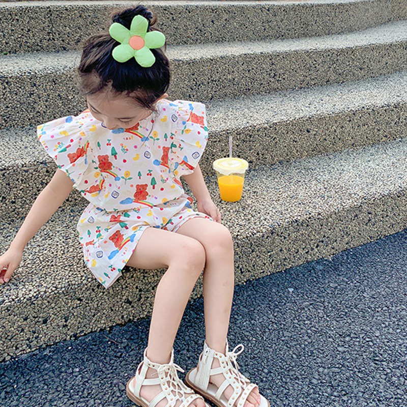 Hàng Mới Về Set Áo Thun Ngắn Tay In Hình Hoạt Hình + Quần Short Thời Trang Cho Bé Gái