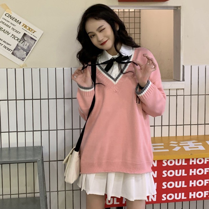 áo len nữ form rộng áo sweater gile nữ form rộng thời trang unisex ulzzang hàn quốc du lịch đi học phối áo đồng phục | BigBuy360 - bigbuy360.vn