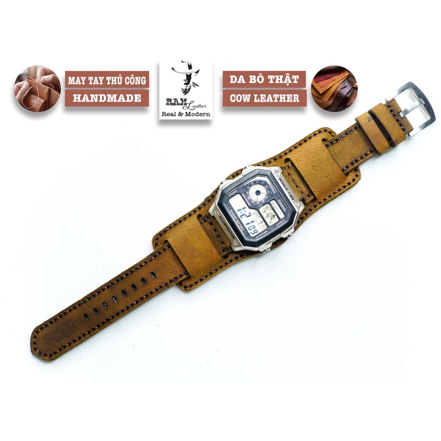 Combo Dây Đồng Hồ Da Thật RAM Leather B2 1950 Da Bò Nâu Đất Kiểu Quân Đội Bền Đẹp